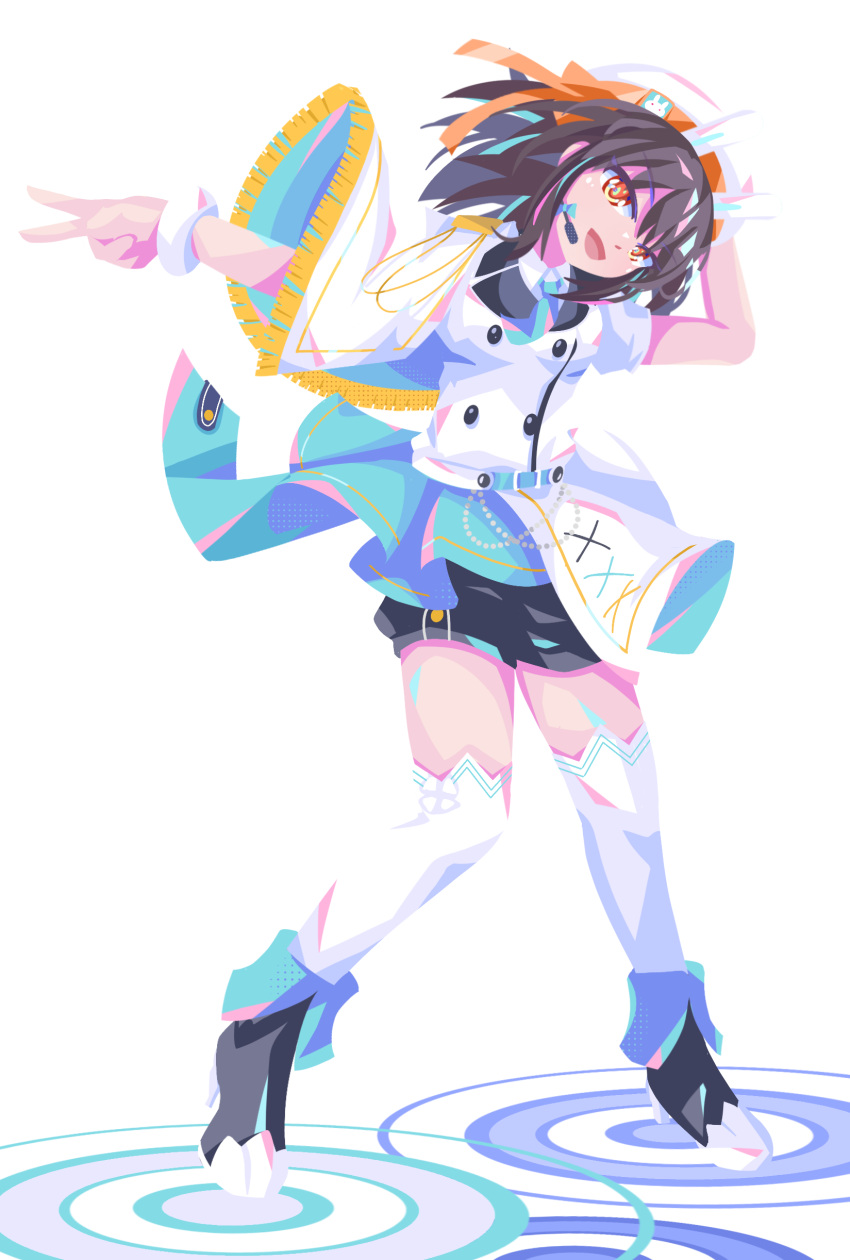 1girl, absurdres, black_shorts, boots, brown_hair, buttons, commentary, double-breasted, english_commentary, evanhehehe, full_body, hair_ribbon, hand_on_own_hat, hat, high_heel_boots, high_heels, highres, jacket, looking_at_viewer, medium_hair, orange_ribbon, red_eyes, ribbon, shorts, solo, standing, suzumiya_haruhi, suzumiya_haruhi_no_yuuutsu, thigh-highs, uniform, white_background, white_hat, white_jacket, white_thighhighs