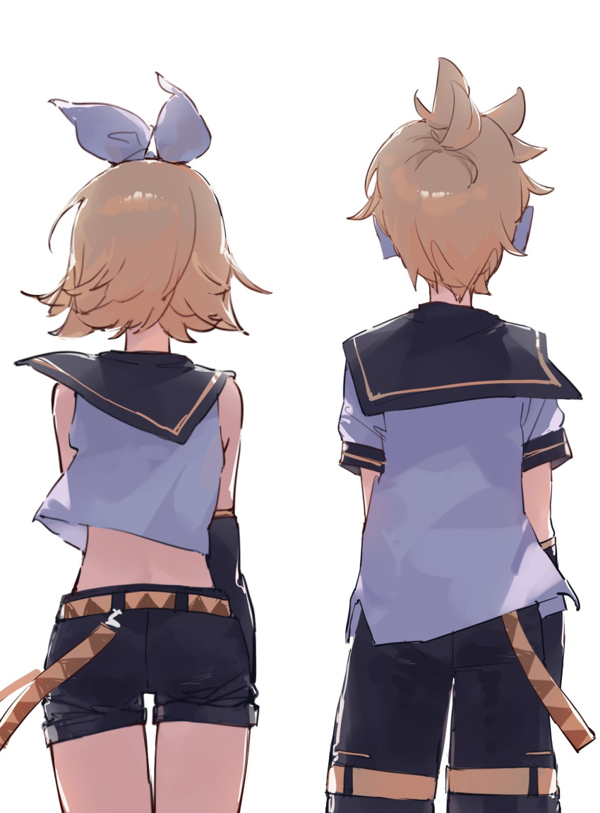1boy, 1girl, black_sailor_collar, black_shorts, blonde_hair, bow, brother_and_sister, from_behind
