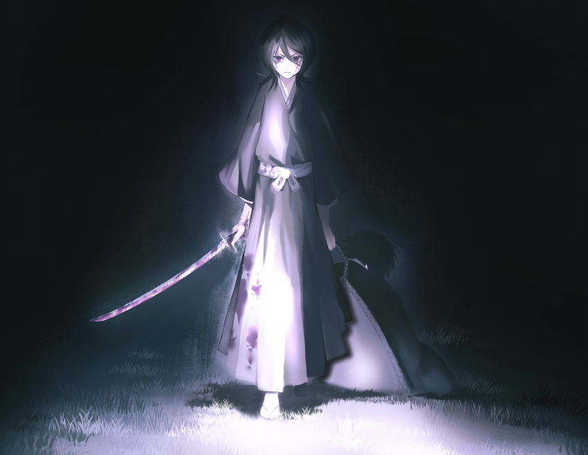 1boy, 1girl, absurdres, arms_at_sides, black_hair, black_kimono, bleach, blood