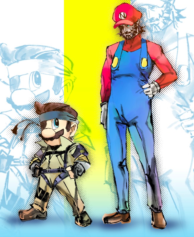 2boys, bandana, bandanna, beard, big_boss, blue_eyes, brown_hair, cosplay