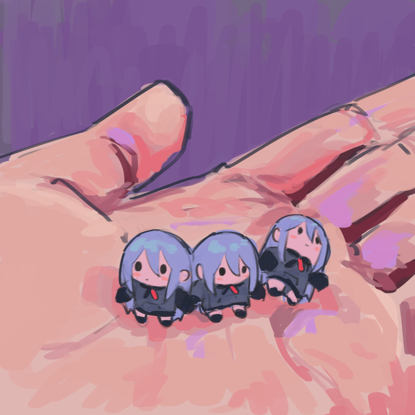 1other, 3girls, black_eyes, black_footwear, black_hoodie, chibi, closed_mouth, highres, hood, hoodie, long_hair, long_sleeves, mini_person, minigirl, multiple_girls, nanami_77m, neckerchief, pov, pov_hands, project_sekai, puffy_long_sleeves, puffy_sleeves, shoes, very_long_hair, white_hair, yoisaki_kanade
