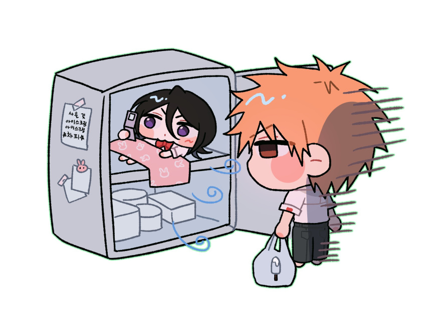 1boy, 1girl, bag, black_hair, bleach, blush_stickers, bow, bowtie