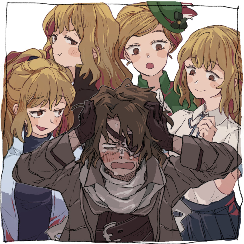 1boy, 4girls, alternate_universe, brown_coat, brown_dress, brown_eyes, brown_gloves, brown_hair, catherine_(project_moon), closed_mouth, coat, dress, eyepatch, gloves, green_dress, green_hat, hands_up, hat, heathcliff_(project_moon), high_ponytail, highres, limbus_company, long_hair, long_sleeves, multiple_girls, multiple_persona, ponytail, pout, project_moon, scarf, school_uniform, sijo_nm, simple_background, smile, white_background, white_scarf, wild_hunt_heathcliff_(project_moon), wuthering_heights_(identity)_(project_moon)