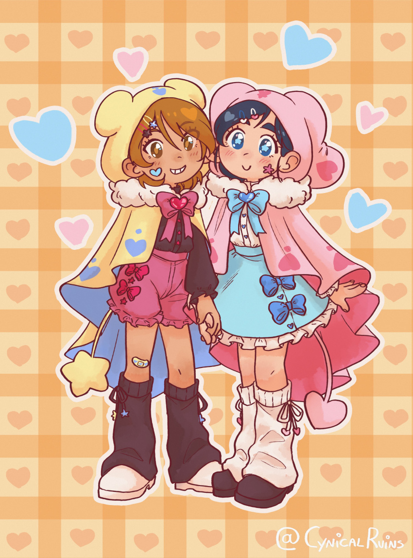 2girls, absurdres, animal_ear_hood, artist_name, aurora_(cynicalruins), bandaid, bandaid_on_knee, bandaid_on_leg