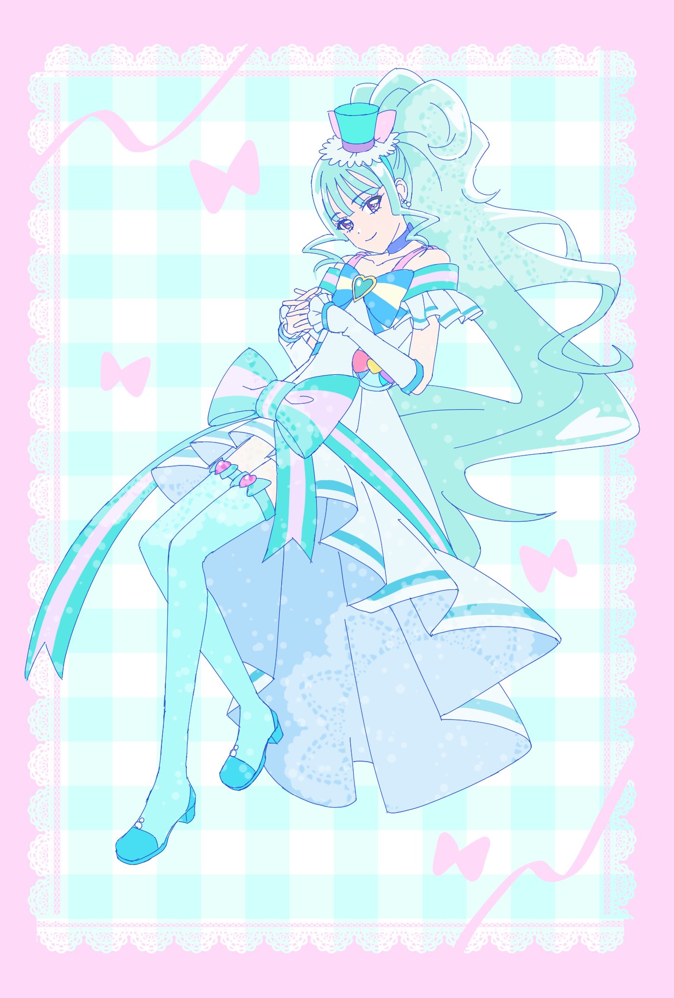1girl, arm_warmers, blue_background, blue_bow, blue_bowtie, blue_choker, blue_footwear, blue_thighhighs