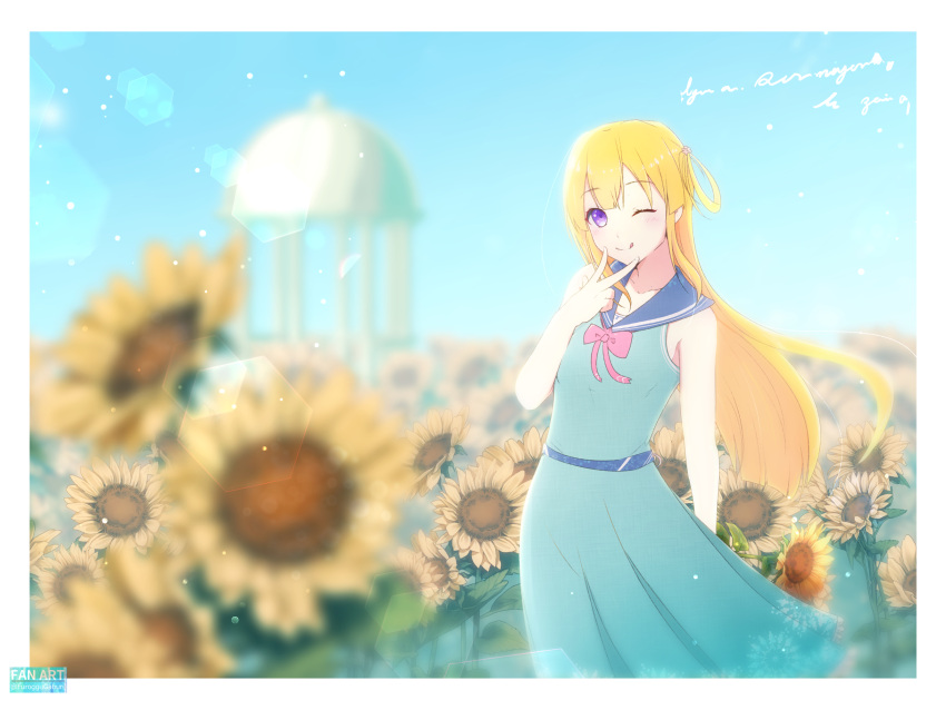 1girl, 22/7, ;q, aqua_dress, artist_name, blonde_hair, blue_sailor_collar, blurry