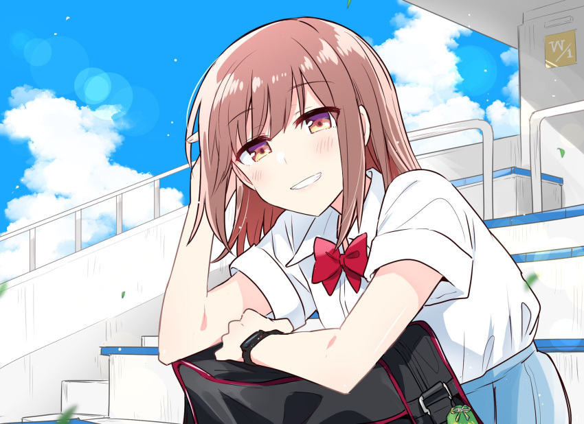 1girl, :d, black_bag, blue_skirt, blue_sky, blush, brown_eyes, brown_hair