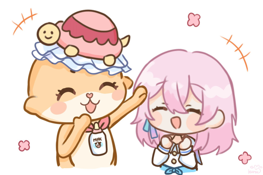 +++, 1girl, 1other, ^_^, bottle, chiitan, closed_eyes, commentary