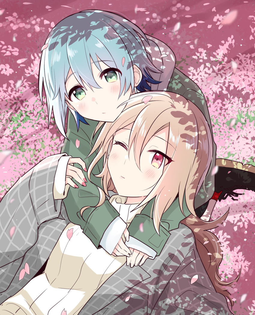2girls, ;|, black_footwear, blue_hair, blush, closed_mouth, doushitara_osananajimi_no_kanojo_ni_naremasu_ka, falling_petals, green_eyes, grey_jacket, hair_between_eyes, highres, hug, hug_from_behind, ikoma_minami_(doushitara_osananajimi_no_kanojo_ni_naremasu_ka), jacket, light_blue_hair, light_brown_hair, long_hair, long_sleeves, makita_yuzu, multiple_girls, one_eye_closed, open_clothes, open_jacket, petals, pink_nails, pink_petals, red_eyes, short_hair, sidelocks, sitting, sleeves_past_wrists, sweater, turtleneck, turtleneck_sweater, upper_body, white_sweater, yasaka_shuu, yuri