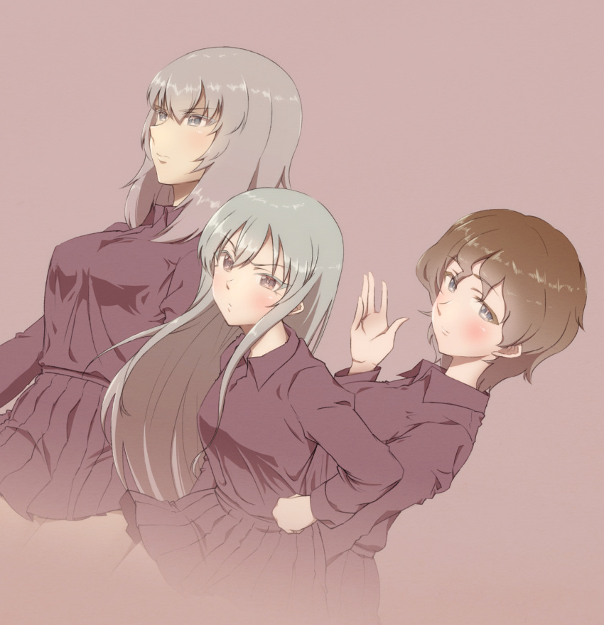 3girls, akaboshi_koume, blue_eyes, brown_eyes, brown_hair, commentary_request, dress_shirt, girls_und_panzer, girls_und_panzer_little_army, grey_hair, hands_on_own_hips, highres, itsumi_erika, kuromorimine_military_uniform, long_hair, looking_at_viewer, military, military_uniform, miniskirt, mityubi, multiple_girls, no_jacket, pleated_skirt, red_shirt, red_skirt, sheska_(girls_und_panzer), shirt, short_hair, skirt, smile, standing, uniform, waving, wavy_hair