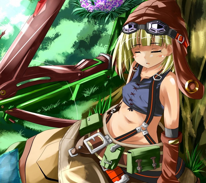 belt, blonde_hair, flat_chest, gloves, goggles, goggles_on_head, hat, midriff, navel, pouch, sekaiju_no_meikyuu, sekaiju_no_meikyuu_3, short_hair, sleeping, solo, tsuduri, weapon