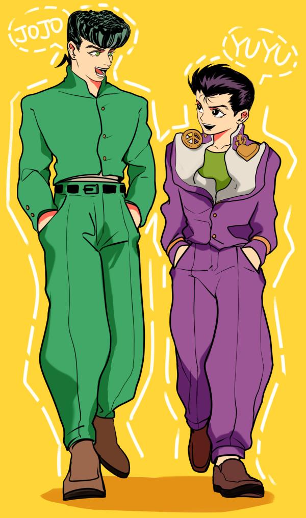 2boys, :d, anchor_symbol, belt, black_belt, black_eyes, black_hair, brown_footwear