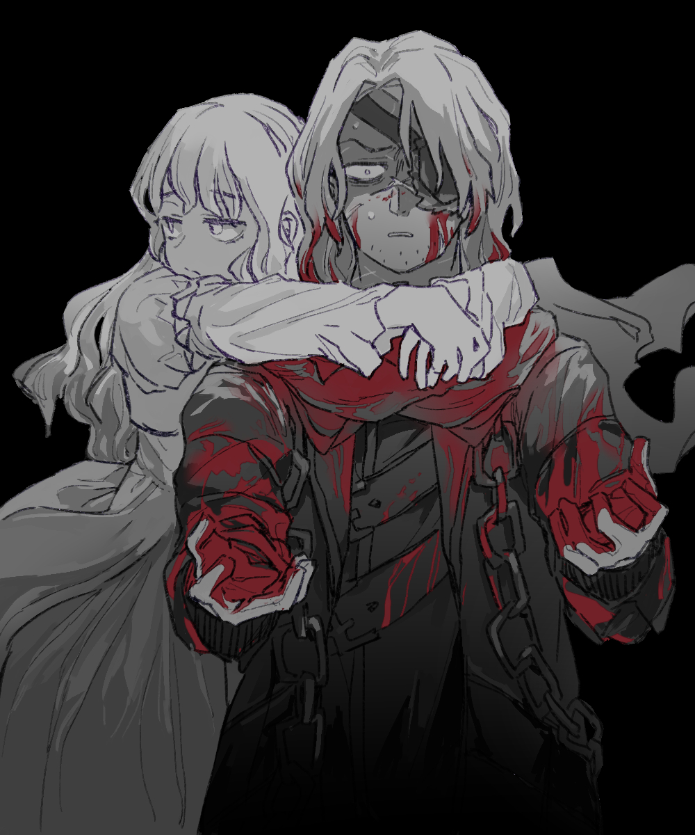 1boy, 1girl, belt, blood, blood_on_hands, catherine_(project_moon), chain, coat