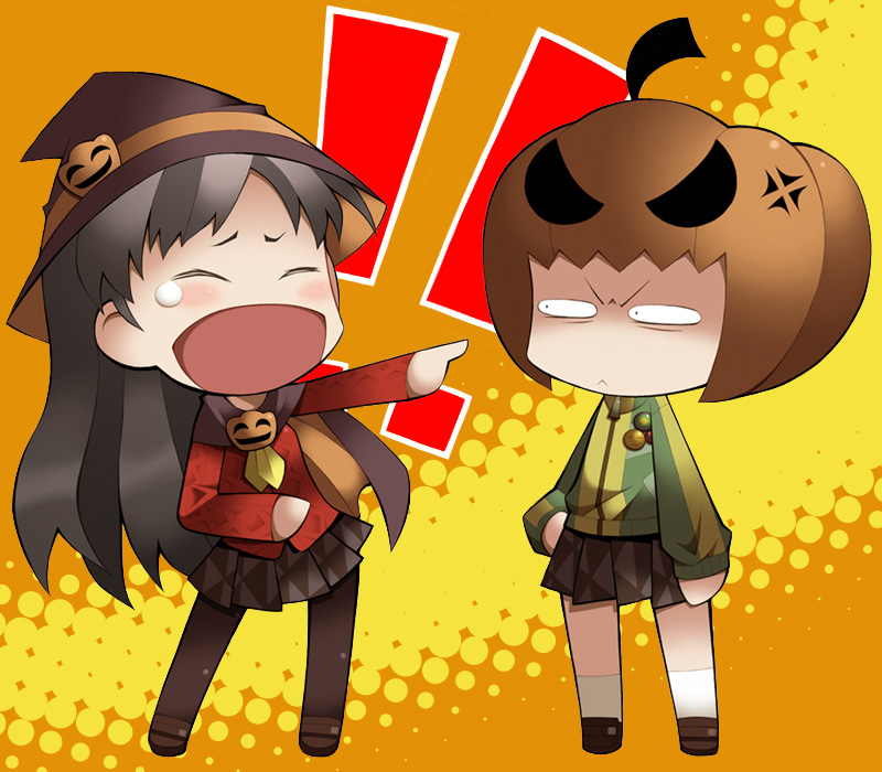 amagi_yukiko, anger_vein, angry, black_hair, cape, chibi, halloween, hat
