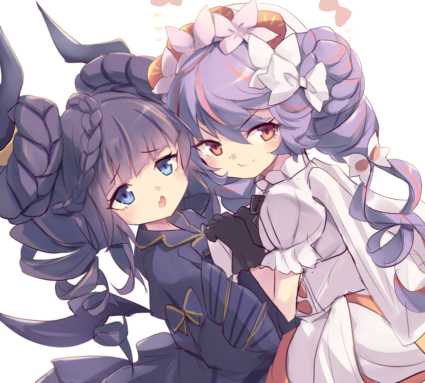 2girls, angel, angel_wings, angello_vaalmonica, black_dress, blue_eyes, demon_girl, demon_horns, dimonno_vaalmonica, double_bun, doughnut_hair_bun, dress, drill_hair, duel_monster, fang, hair_bun, highres, holding_hands, horns, kanzakietc, long_hair, looking_at_viewer, multiple_girls, purple_hair, red_eyes, sketch, skin_fang, smile, twin_drills, upper_body, white_dress, wings, yu-gi-oh!
