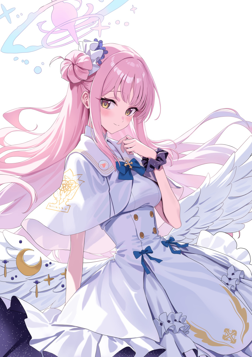 1girl, absurdres, blue_archive, blue_halo, breasts, capelet, closed_mouth, dress