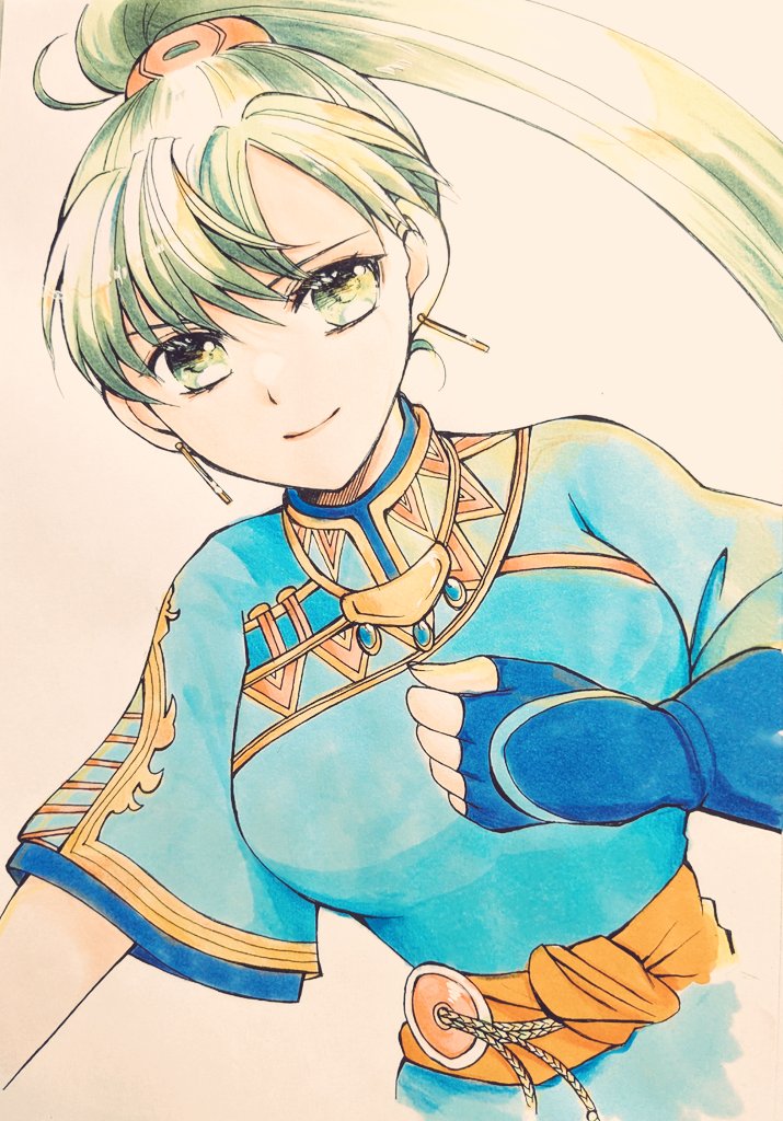 1girl, belt, blue_dress, blue_gloves, chika_1, dress, dutch_angle, earrings, fingerless_gloves, fire_emblem, fire_emblem:_the_blazing_blade, gloves, green_eyes, green_hair, high_collar, high_ponytail, jewelry, long_hair, looking_at_viewer, lyn_(fire_emblem), orange_belt, simple_background, solo, traditional_media, upper_body, white_background