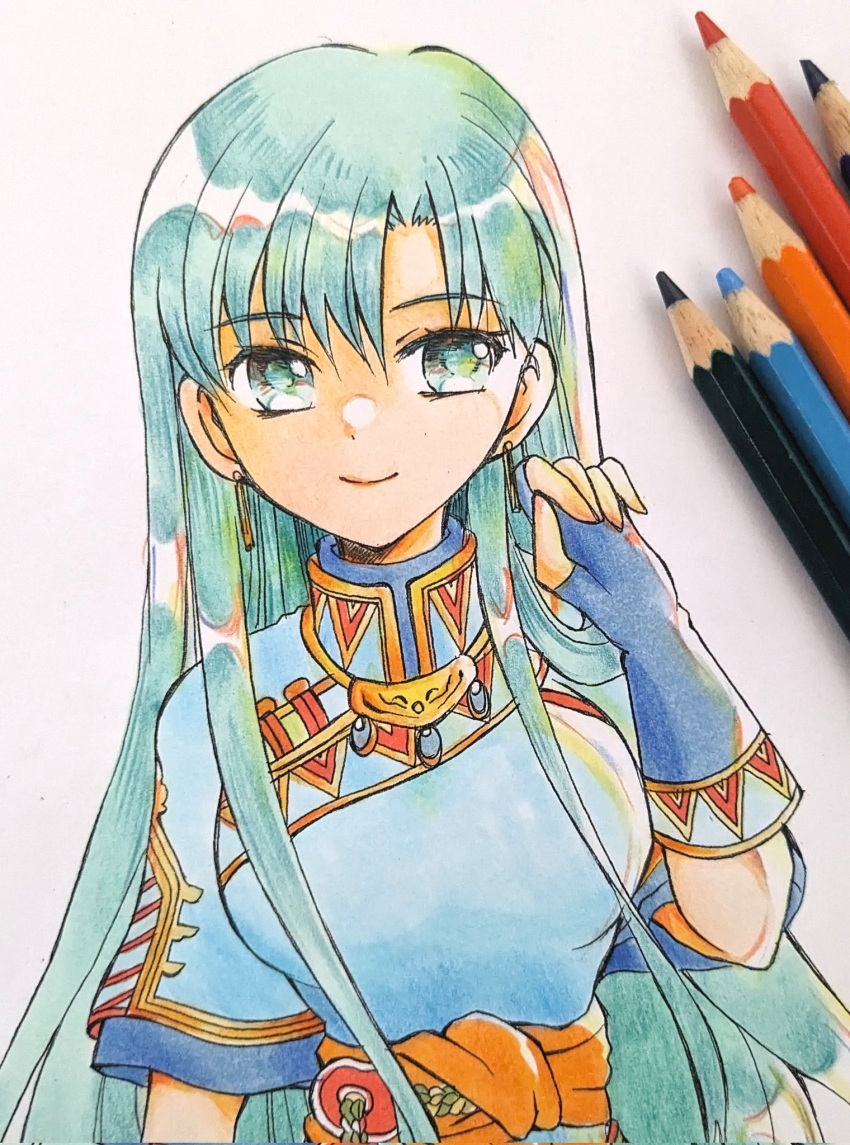 art_tools_in_frame, blue_dress, blue_gloves, chika_1, colored_pencil_(medium), dress, earrings, fingerless_gloves, fire_emblem, fire_emblem:_the_blazing_blade, gloves, green_eyes, green_hair, high_collar, highres, jewelry, long_hair, looking_at_viewer, lyn_(fire_emblem), simple_background, traditional_media, upper_body, white_background