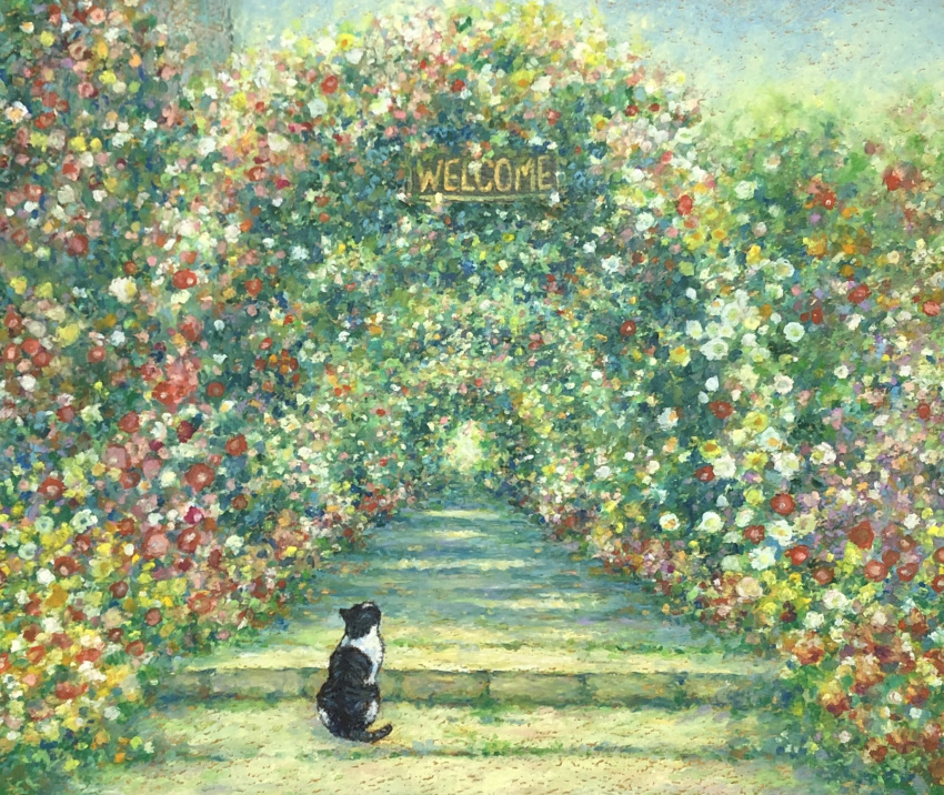 arch, cat, day, english_text, floral_arch, flower, hallway, hedge