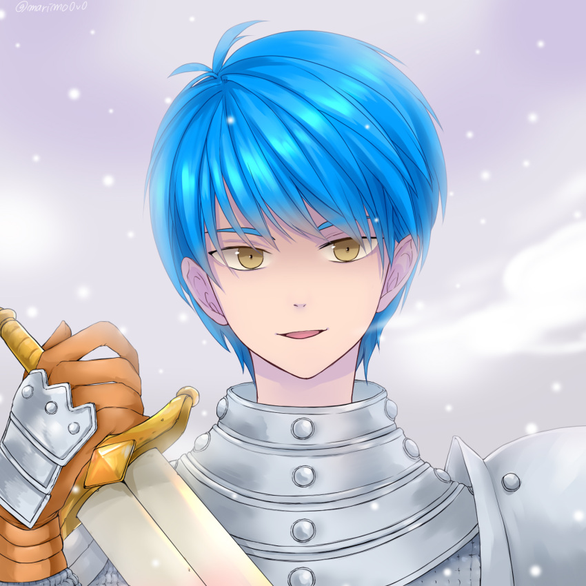 1boy, armor, blue_hair, brown_gloves, chainmail, cold, commentary_request, dragon_quest, dragon_quest_builders_2, gloves, haomarimo, highres, holding, holding_sword, holding_weapon, looking_at_viewer, male_focus, open_mouth, rick_(dqb2), short_hair, shoulder_armor, snow, snowing, solo, sword, upper_body, weapon, yellow_eyes