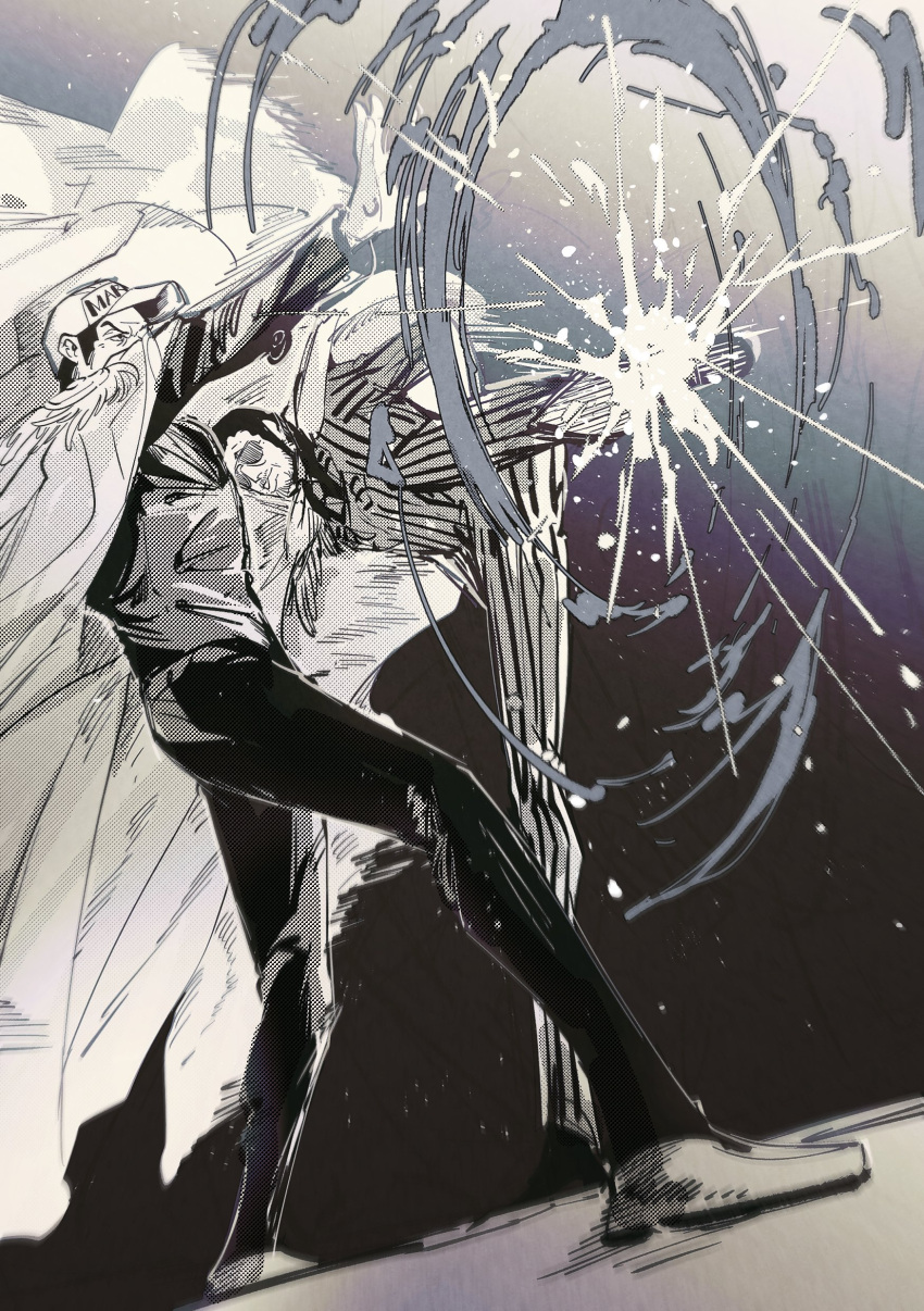 2boys, absurdres, black_hair, borsalino_(kizaru), clenched_hand, combined_attack, duel, dutch_angle