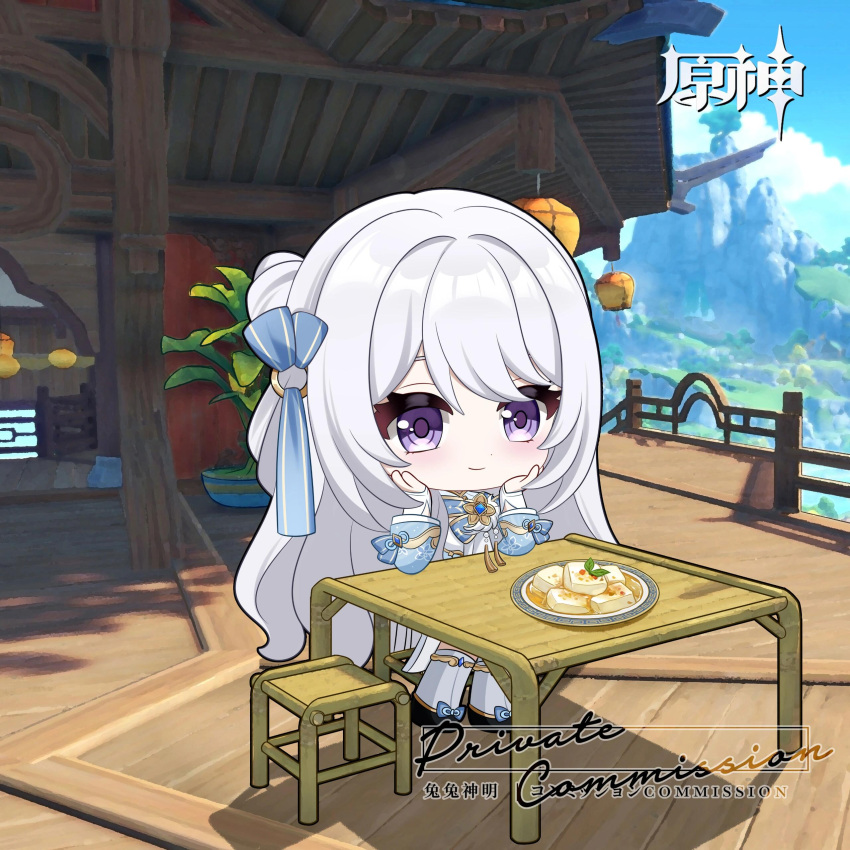 1girl, absurdres, almond_tofu, architecture, bamboo, banana_tree, blue_bow, bow, chair, chibi, closed_mouth, commission, copyright_name, dress, east_asian_architecture, food, hair_bow, highres, lantern, long_hair, looking_at_viewer, non-web_source, original, plate, shuangyaji, sitting, smile, solo, stool, table, tuzi_buhui_hiahua, tuzi_buhui_huahua, violet_eyes, white_hair