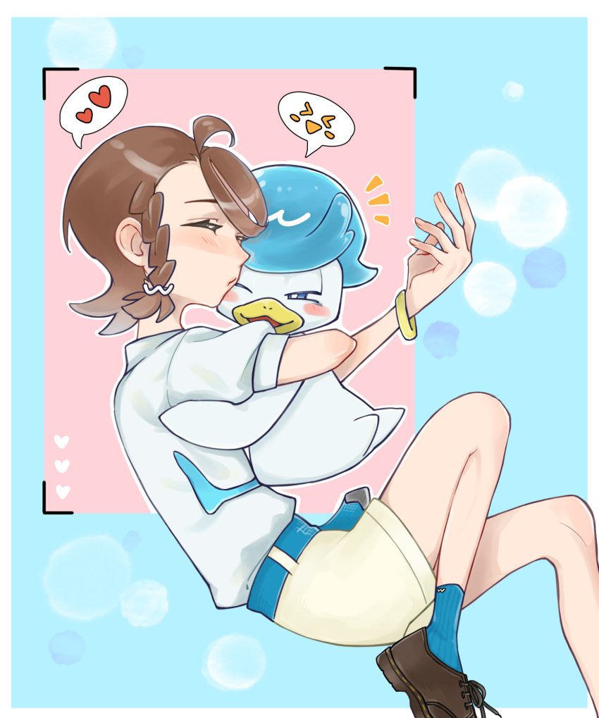 >_<, 1girl, ^_^, ahoge, alternate_costume, animal_hug, ankle_socks, bangle, beak, belt, bird, blue_background, blue_belt, blue_eyes, blue_hair, blue_socks, blush, bracelet, braid, bright_pupils, brown_footwear, brown_hair, closed_eyes, feathers, fingernails, gold_bracelet, hair_ornament, hairclip, half-closed_eyes, hama_bebi, hand_up, heart, highres, hug, jewelry, juliana_(pokemon), knees_up, nuzzle, o3o, one_eye_closed, open_mouth, pink_background, pokemon, pokemon_(creature), pokemon_sv, quaxly, short_hair, shorts, side_braid, single_braid, smile, socks, spoken_expression, spoken_heart, white_feathers, white_pupils