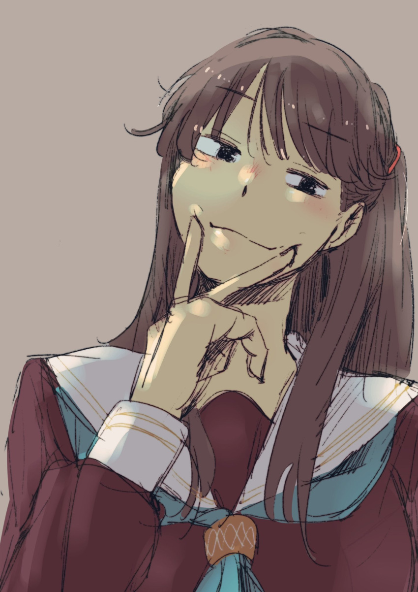 1girl, 524ryo, aqua_neckerchief, blush, brown_background, brown_dress, brown_hair, commentary_request
