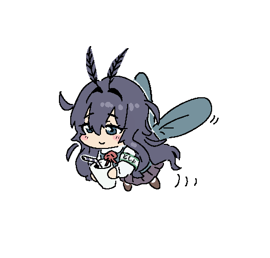 1girl, antennae, arthropod_girl, black_hair, blush_stickers, chibi, chibi_only, chomahu, cup, drinking_straw, flying, grey_eyes, hair_intakes, holding, holding_cup, insect_wings, kimi_no_koto_ga_dai_dai_dai_dai_daisuki_na_100-nin_no_kanojo, long_hair, mosquito_girl, neck_ribbon, red_ribbon, ribbon, smile, solo, very_long_hair, wings, yoshimoto_shizuka