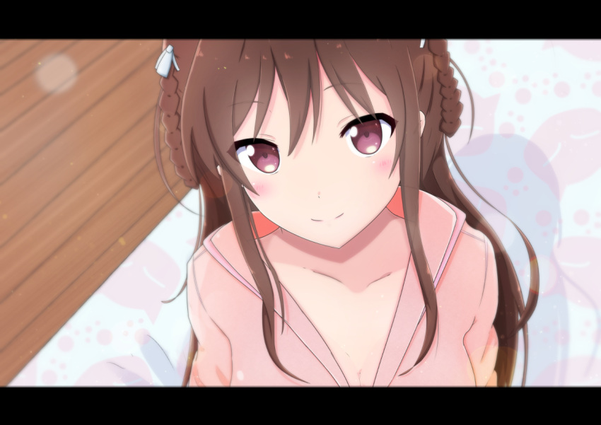 1girl, 22/7, bedroom, blurry, blush, bow, braid, braided_hair_rings, brown_hair, close-up, closed_mouth, collarbone, depth_of_field, from_above, furoggu-gaburi, hair_bow, indoors, lens_flare, letterboxed, light_particles, long_hair, looking_at_viewer, pink_shirt, shirt, smile, solo, tachikawa_ayaka, twin_braids, two_side_up, violet_eyes, white_bow, wooden_floor