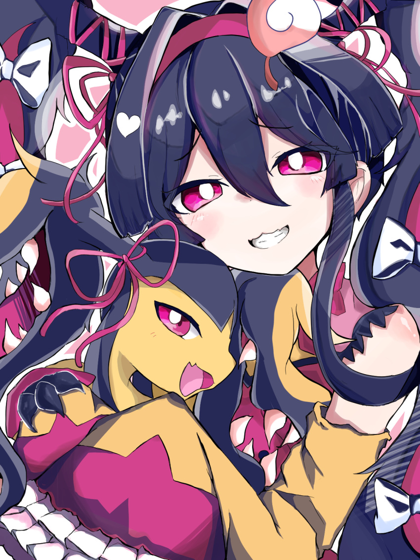 1girl, black_hair, blush, bow, bright_pupils, clenched_teeth, detached_sleeves, extra_mouth, fang, frilled_sleeves, frills, furrowed_brow, hair_between_eyes, hair_ribbon, hairband, hatsune_miku, highres, holding, holding_pokemon, lace-trimmed_shirt, lace-trimmed_sleeves, lace_trim, long_hair, long_sidelocks, looking_at_viewer, mawile, mellomelloid_(vocaloid), multicolored_hair, neck_ribbon, no_nose, open_mouth, outline, parted_lips, pink_background, pink_eyes, pink_hairband, pink_ribbon, pink_shirt, pokemon, pokemon_(creature), profile, project_voltage, redhead, ribbon, sharp_teeth, shirt, simple_background, skin_fang, sleeveless, sleeveless_shirt, sleeves_past_fingers, sleeves_past_wrists, smile, teeth, tongue, tsurime, twintails, two-tone_hair, two_side_up, upper_body, utrs2348, vocaloid, white_bow, white_outline, white_pupils