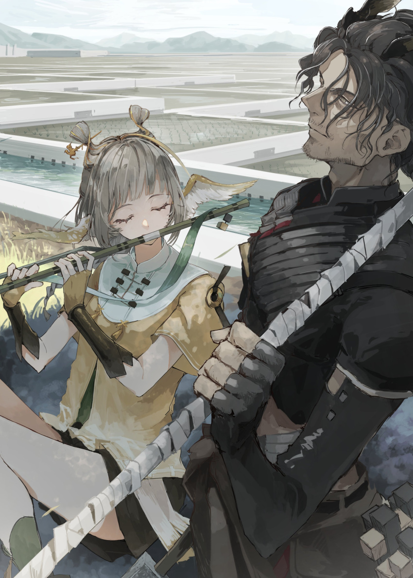 1boy, 1girl, absurdres, arknights, armor, black_gloves, black_hair, black_shirt