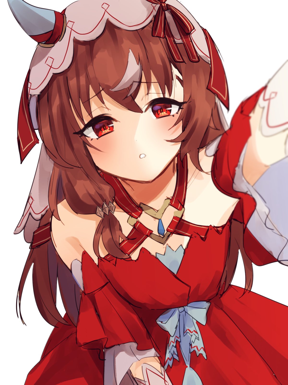 1girl, animal_ears, blush, breasts, brown_hair, commentary_request, detached_sleeves, highres, horse_ears, horse_girl, long_hair, looking_at_viewer, nakichi_n, open_mouth, pov, reaching, reaching_towards_viewer, red_eyes, ribbon, small_breasts, solo, still_in_love_(umamusume), umamusume, veil, white_background