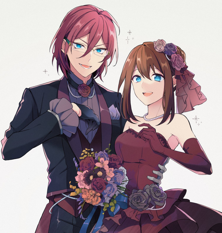 1boy, 1girl, :d, aile_zzz, anzu_(ensemble_stars!), bead_necklace, beads, bishounen