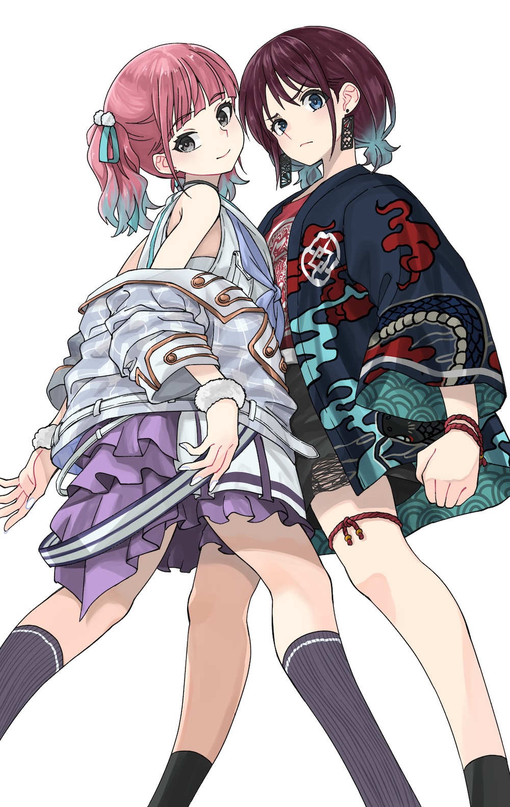 2girls, black_shorts, black_socks, blue_eyes, blue_happi, brown_hair, closed_mouth, colored_tips