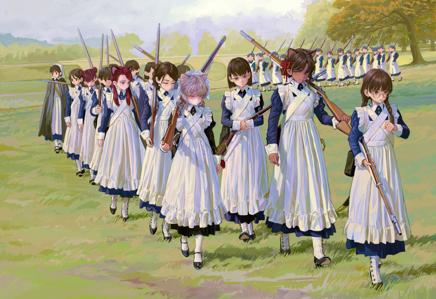 6+girls, animal_ears, apron, blue_eyes, bob_cut, bow, braid, brown_eyes