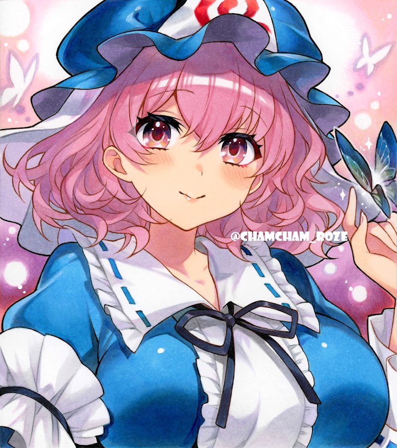 1girl, bad_id, bad_pixiv_id, blue_hat, blush, breasts, bug, butterfly, chacham, closed_mouth, commentary, hat, looking_at_viewer, mob_cap, pink_hair, saigyouji_yuyuko, sample_watermark, short_hair, smile, solo, touhou, traditional_media, triangular_headpiece, watermark