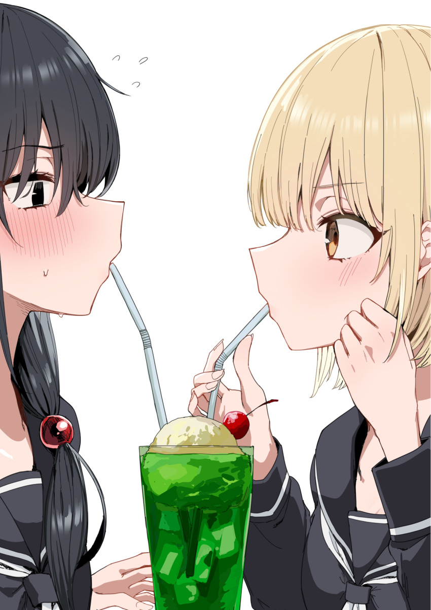2girls, ameno_hitsuka, bendy_straw, black_eyes, black_hair, black_sailor_collar, black_shirt, blonde_hair