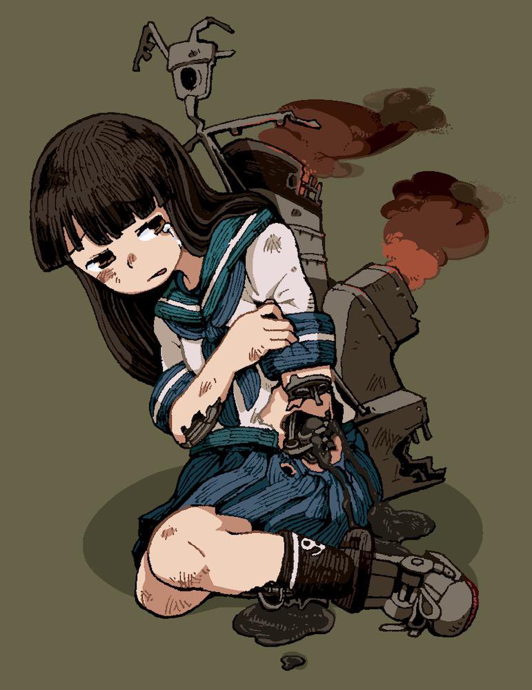 1girl, anchor_print, android, black_hair, blunt_bangs, brown_eyes, chomahu, collared_shirt