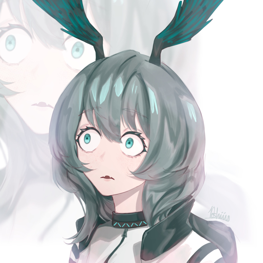 10_shii, 1girl, aqua_eyes, arknights, between_breasts, breasts, dress, fangs