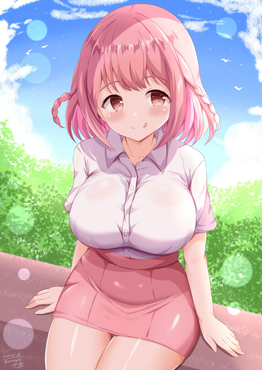 1girl, :q, animal, bird, blue_sky, blush, braid, breasts