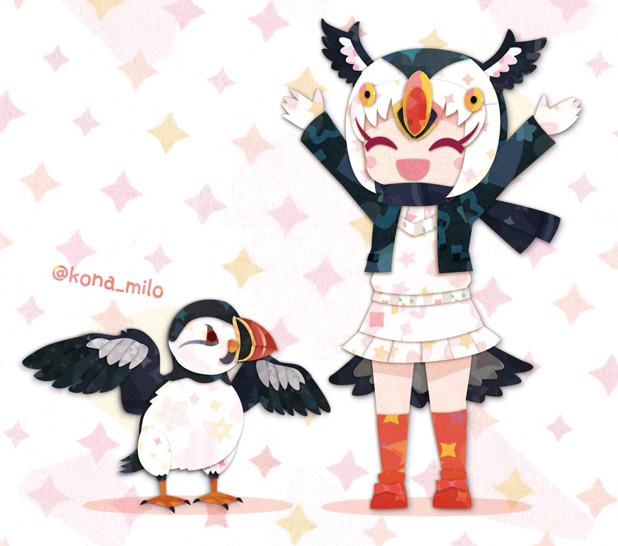 1girl, animal, atlantic_puffin, atlantic_puffin_(kemono_friends), bird, bird_girl, bird_tail, bird_wings