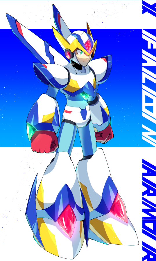 1boy, android, armor, character_name, clenched_hands, falcon_armor_x_(mega_man), forehead_jewel, full_body