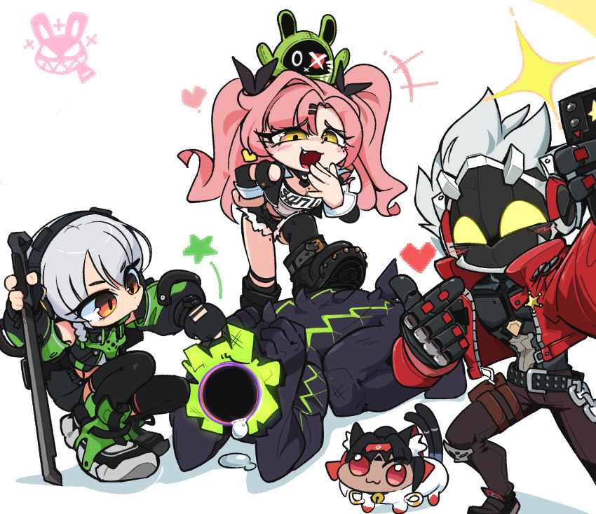 1boy, 2024, 3girls, anby_demara, bangboo_(zenless_zone_zero), billy_kid, cat, chibi, doro_(nikke), goddess_of_victory:_nikke, grey_hair, highres, kim_crab, multiple_girls, nekomiya_mana, nicole_demara, pink_hair, selfie, sword, twintails, weapon, white_hair, zenless_zone_zero