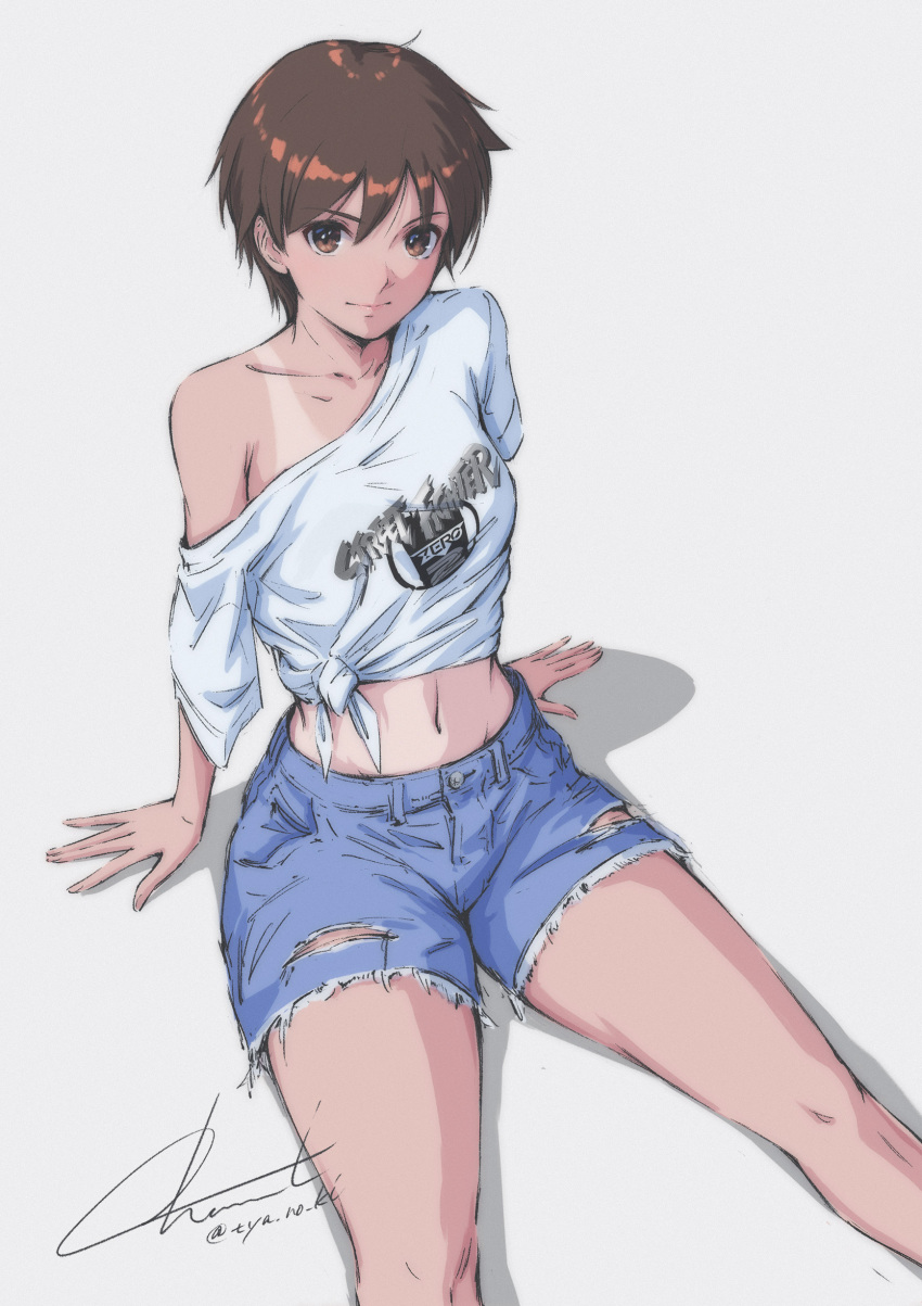 1girl, absurdres, brown_eyes, brown_hair, closed_mouth, collarbone, denim, denim_shorts