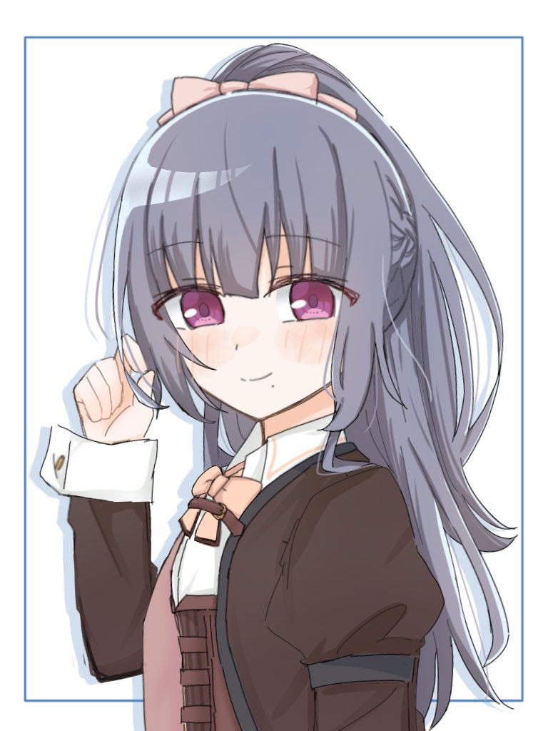 1girl, arm_at_side, assault_lily, blue_bow, blush, bow, bowtie, brown_jacket