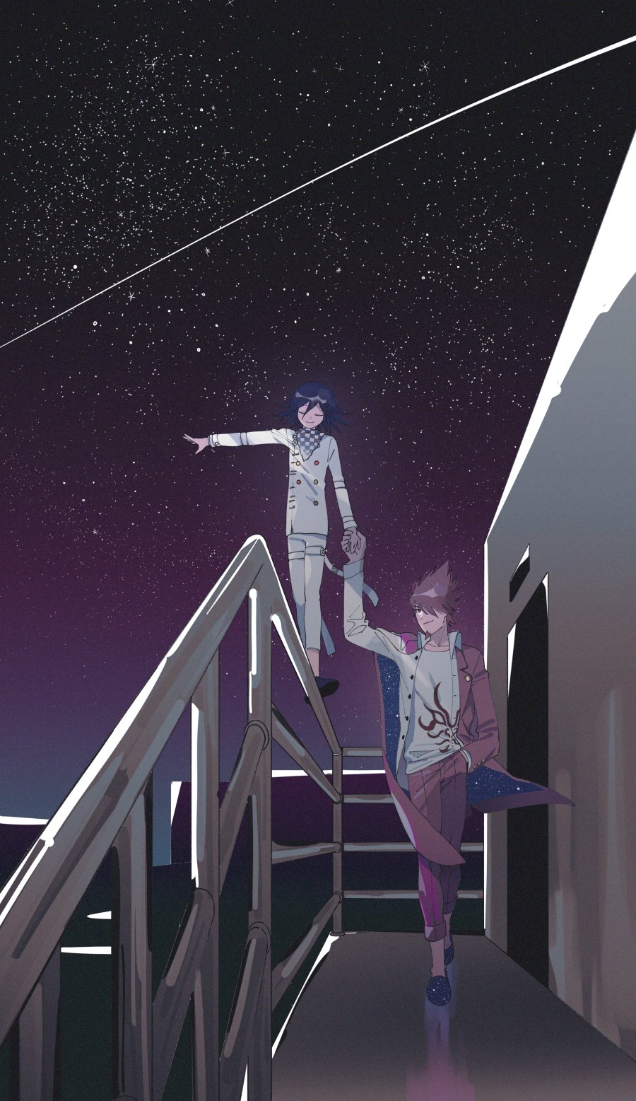 2boys, arm_belt, arm_out_of_sleeve, balancing, buttons, checkered_clothes, checkered_scarf, closed_eyes