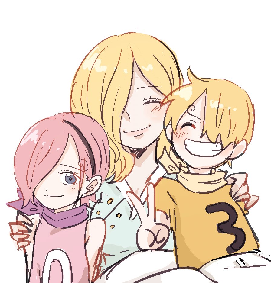 1boy, 2girls, blonde_hair, blush, closed_mouth, curly_eyebrows, dress, hair_over_one_eye