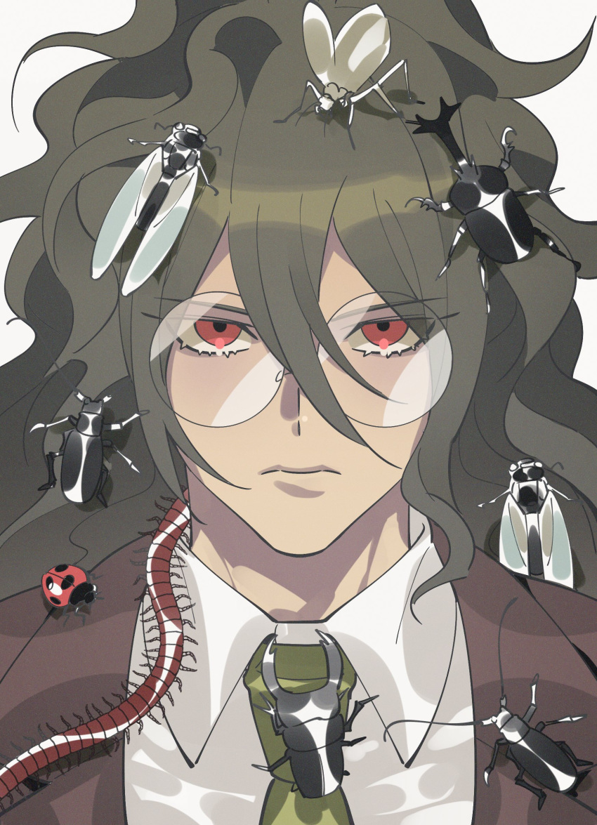 1boy, absurdres, beetle, brown_hair, brown_jacket, brown_suit, bug, closed_mouth