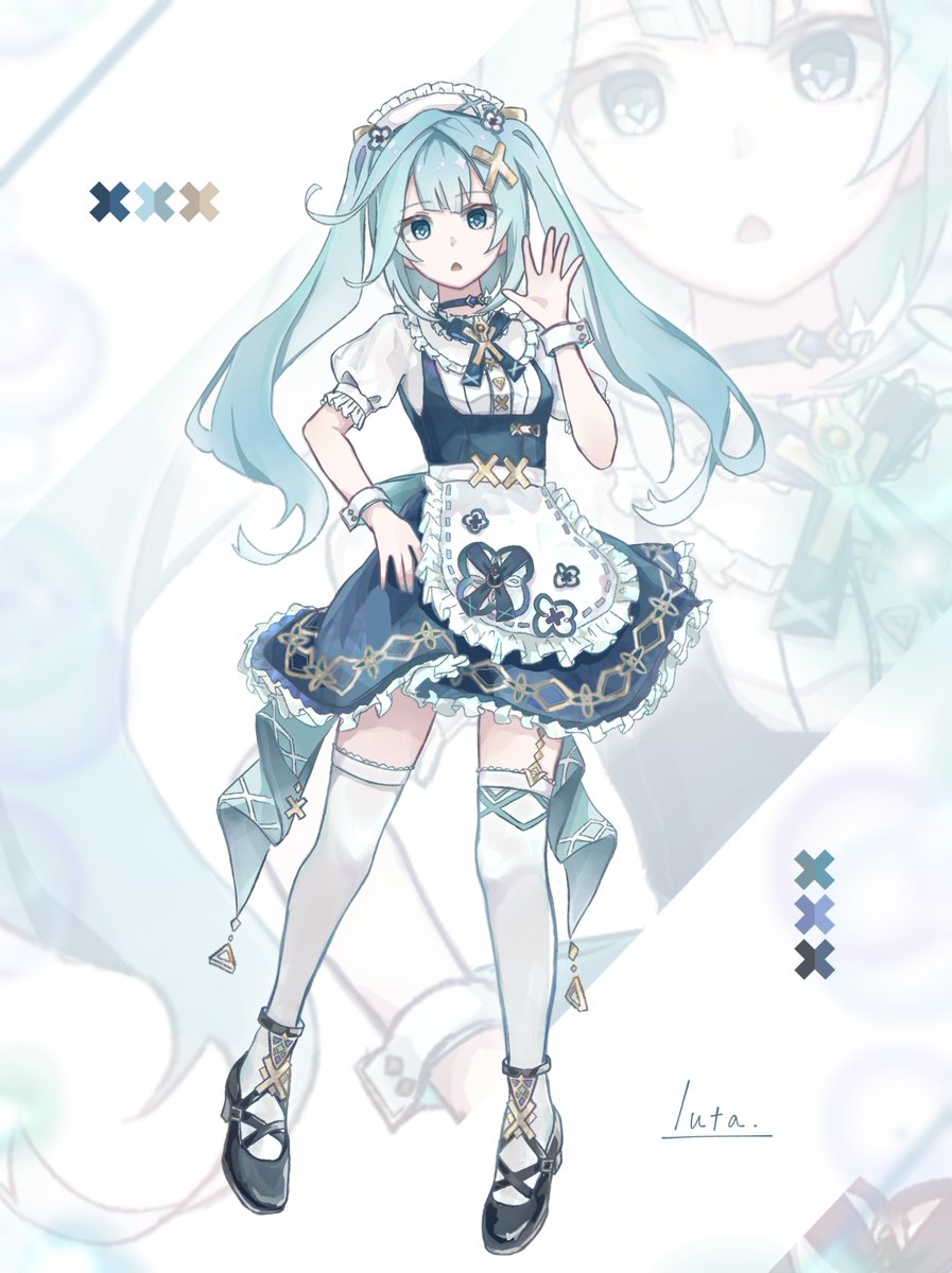 1girl, apron, aqua_hair, aqua_skirt, black_footwear, faruzan_(cafe)_(genshin_impact), faruzan_(genshin_impact), full_body, genshin_impact, green_eyes, hair_ornament, hand_on_own_hip, hand_up, highres, long_hair, looking_at_viewer, luta_(luta_1013), maid, maid_apron, maid_headdress, official_alternate_costume, parted_lips, shirt, short_sleeves, skirt, solo, standing, thigh-highs, twintails, white_apron, white_thighhighs, white_wrist_cuffs, wrist_cuffs, zettai_ryouiki, zoom_layer